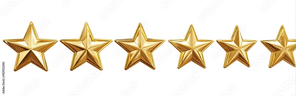 Obraz premium Six gleaming gold stars arranged in a horizontal line against a white background