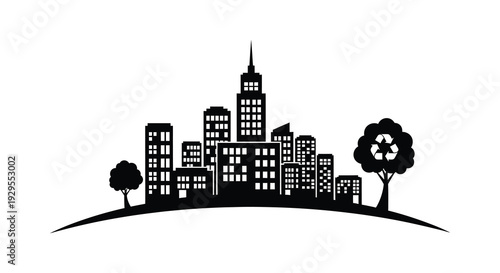 A striking black cityscape against a white backdrop features a distinctive minimalist silhouette high quality professional detailed modern elegant