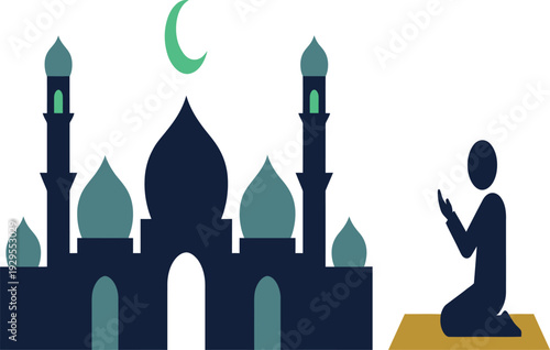 Vector illustration of a man praying in front of a mosque at night