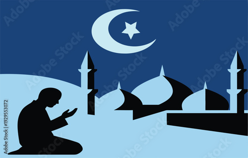 Vector illustration of a man praying with mosque and crescent moon