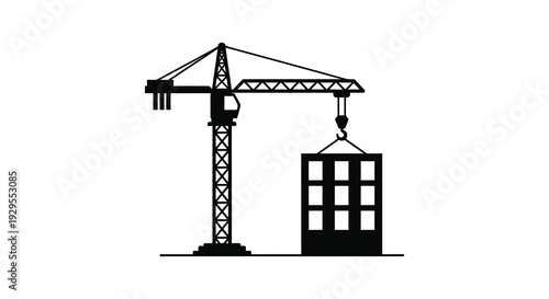 A stark black silhouette of a construction crane lifting a concrete block against a white background silhouette high quality