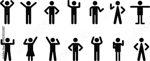 Collection of twelve black stick figure icons showing various poses and gestures silhouette person