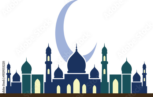 Vector illustration of mosque skyline with crescent moon