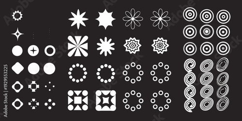 Collection of abstract white geometric shapes on a black background