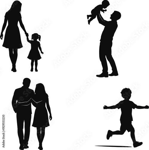 Family silhouettes set with parents and children in various activities isolated black