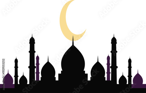 Vector mosque silhouette with crescent moon