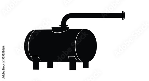 A stark black silhouette of an industrial gas tank with a prominent pipe and base isolated on white background