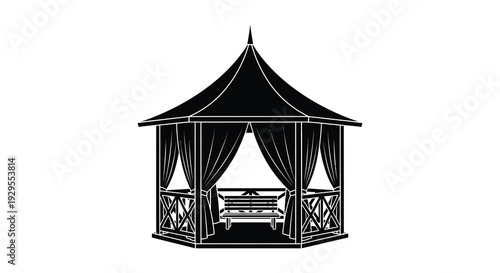 A detailed black and white illustration of an ornate gazebo with curtains and a bench inside presented as a silhouette