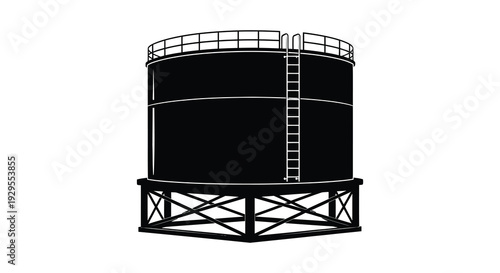 A stark black silhouette of a large industrial storage tank with a ladder set against a bright white background silhouette