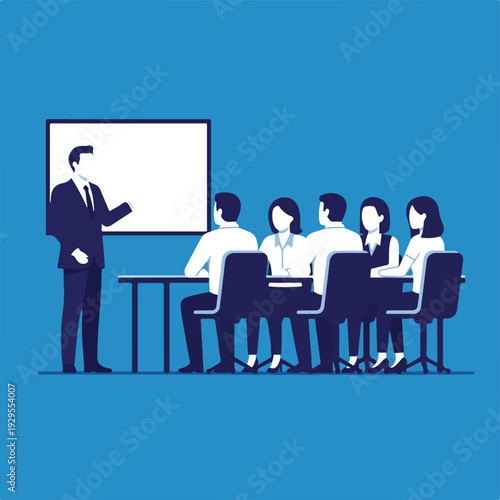 Business presentation or training session with a male speaker addressing a team in an office meeting. Illustrates education, teamwork, and corporate collaboration.