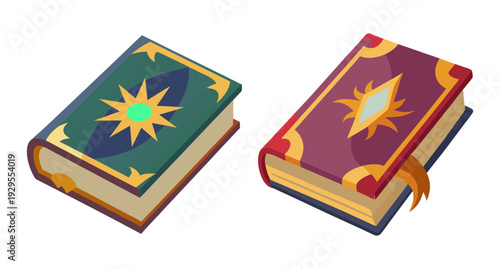 Mystical ancient magic spellbooks with ornate decorative covers, wisdom