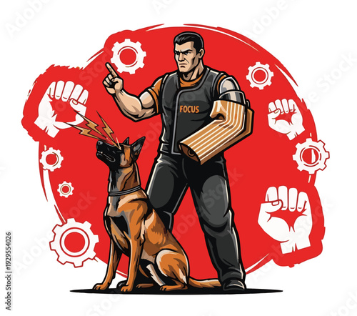Focused man training loyal dog with protective gear and arm guard