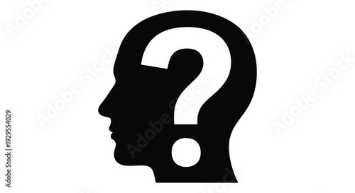 A stark black silhouette of a human head contains a prominent white question mark symbolizing uncertainty and thought silhouette