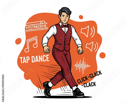 Energetic tap dancer performing in stylish outfit with music icons
