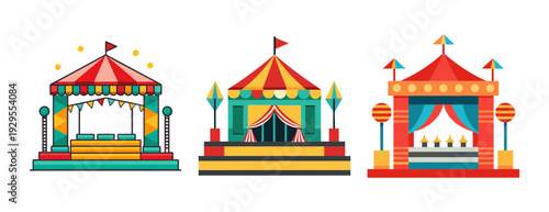 Bright carnival fairground tents and game stalls vector illustration