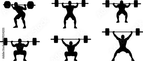 Barbell squat and overhead press silhouette set, weightlifting strength training poses isolated, bodybuilding fitness concept, flat vector illustration