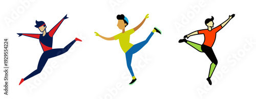 Three male figures in dynamic poses: dance, sport, fitness, movement