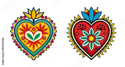 Colorful mexican folk art sacred heart icons set, traditional milagro style
