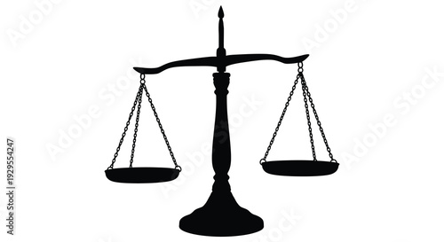 A stark black silhouette of scales of justice represents legal balance and impartiality conveying themes of fairness and law silhouette