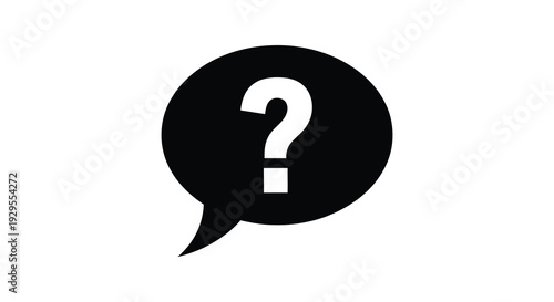 A stark black speech bubble contains a white question mark creating a visual representation of inquiry silhouette high quality