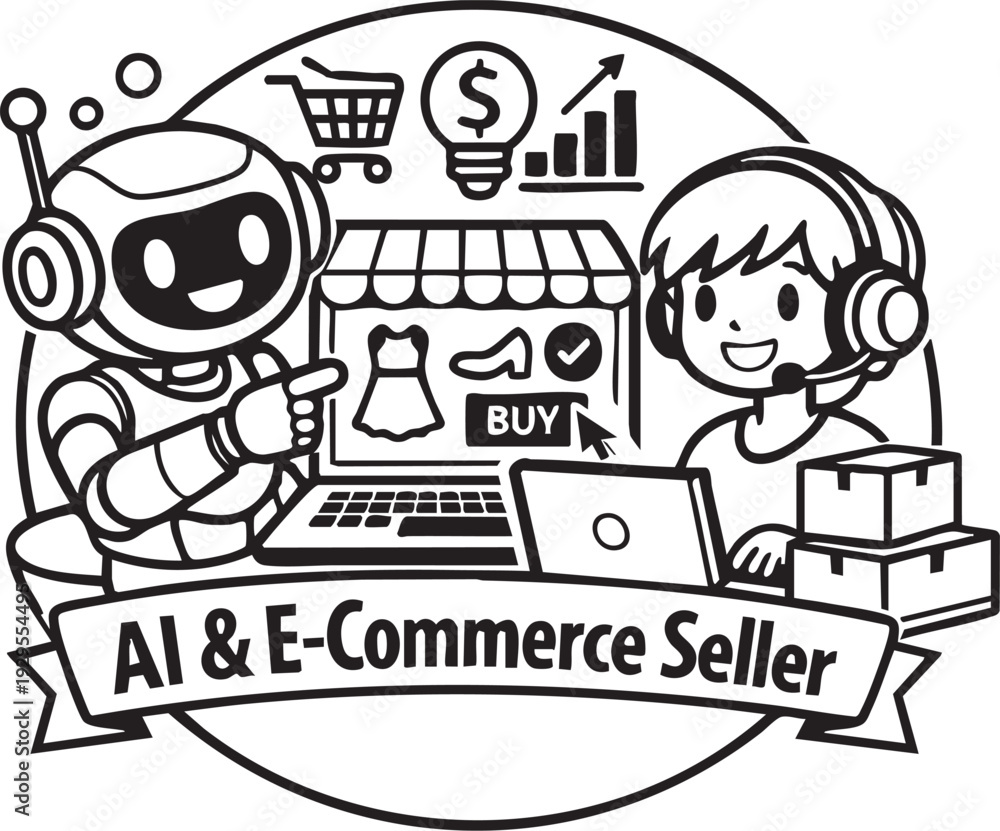 Naklejka premium AI and E-commerce Seller Concept Illustration