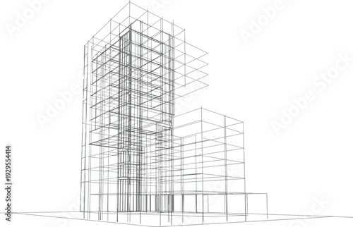 Architectural skyscraper building wireframe line drawing with modern urban construction frame and structural engineering design