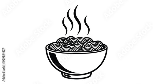 A striking black and white illustration depicts a bowl of noodles with rising steam presented as a silhouette