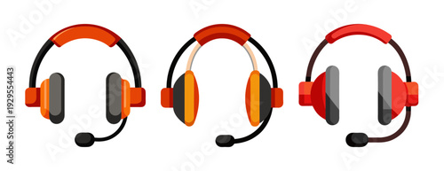 Set of three distinct orange and red customer service headsets with mic.