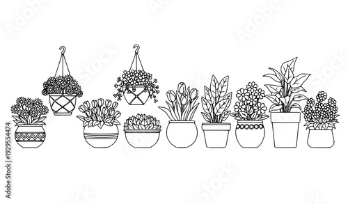 Black and white flowering potted plants outline vector set
