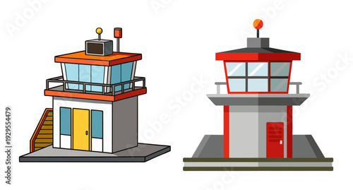 Modern cartoon control towers for air traffic and port navigation design