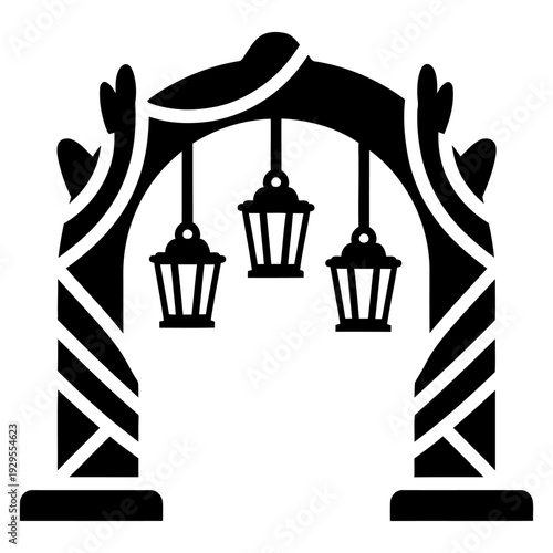 Decorative wedding archway with hanging lanterns black silhouette icon