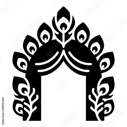 Decorative archway silhouette with peacock feather motif, black and white vector illustration