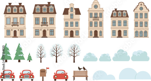 European City Elements Set with Residential Buildings Trees and Cars, Cute Urban Architecture Vector Illustration Collection