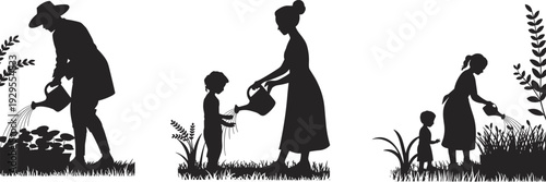 Gardening silhouette illustration of adults and children watering plants, teaching nature care,
