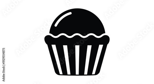 A simple black graphic depicts a single cupcake with a decorative wrapper showcasing a bold silhouette high quality professional