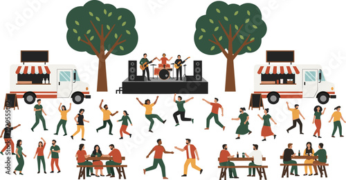 Outdoor Music Festival Scene with Live Band Food Trucks and Dancing Crowd, Summer Event Vector Illustration Collection