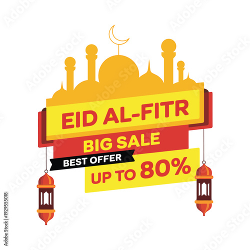 Eid al fitr big sale best offer up to eighty percent with mosque and lanterns holiday vector illustration