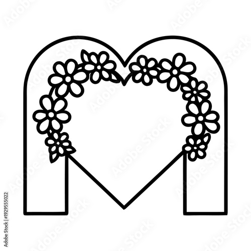 Letter M with Heart and Floral Wreath Decorative Outline for Coloring Page Minimalist Monogram Design