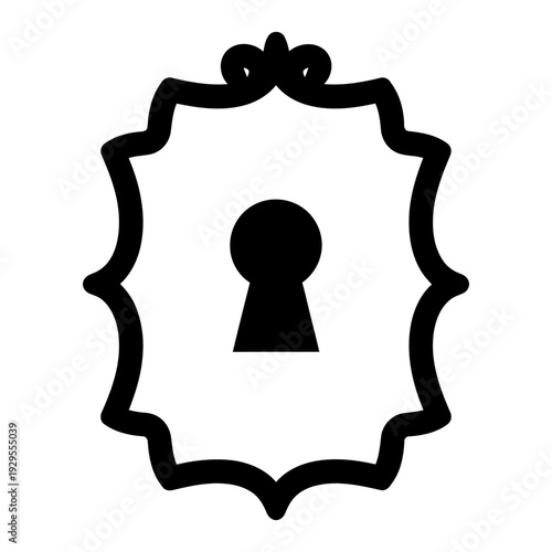 Vintage keyhole icon inside an ornate escutcheon frame for security or mystery concept, black silhouette.