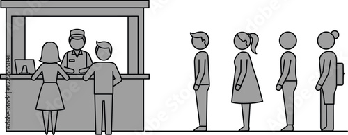 Monochrome illustration of ticket counter scene with staff assisting customers, queue of people waiting in line, public service concept for customer support and social behavior themes