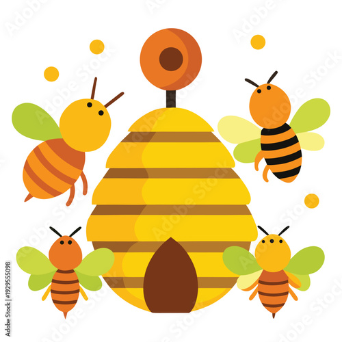 Golden Skep Beehive with Flying Bees and Floral Elements