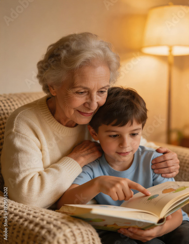 Una abuela cariñosa y su nieto se sientan juntos en un sofá acogedor leyendo un libro ilustrado. La luz cálida crea una atmósfera tierna de aprendizaje y conexión en casa.