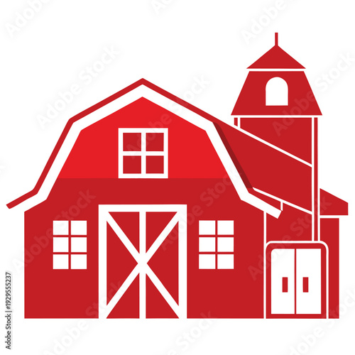 Classic red farm barn with a silo and white windows standing in a rural landscape in vector