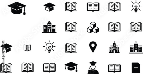 Educational Icons Featuring Graduation Caps Books Buildings And Lightbulbs mortarboard open book