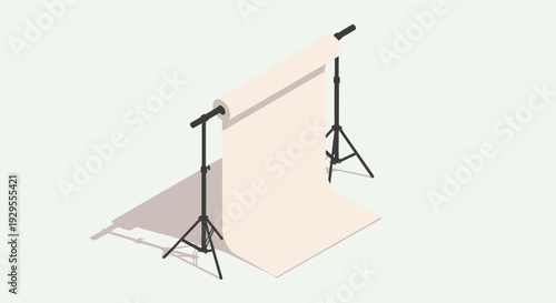 A minimalist isometric illustration of a photography backdrop with a roll of seamless paper on a support system, ideal for studio photography or creative projects.