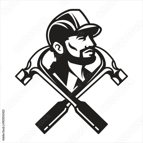 Black and white illustration of a worker with crossed hammers