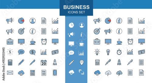 Business icons set with marketing finance analytics communication office tools and startup symbols flat vector collection