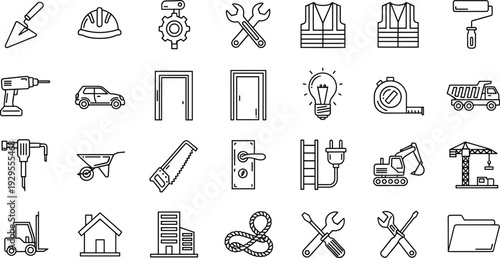 Construction and Engineering Line Icons Set with Tools Helmet and Machinery, Minimal Industrial Vector Collection