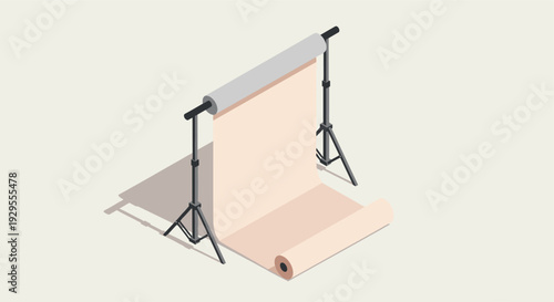 Isometric illustration shows a backdrop stand holding a roll of neutral colored seamless paper, great for demonstrating photo studio equipment or content creation.