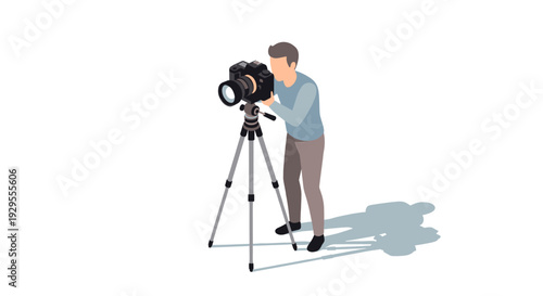 A flat vector illustration showing a photographer in blue shirt and brown pants taking a picture with professional camera on tripod in a studio setting, isolated on white.